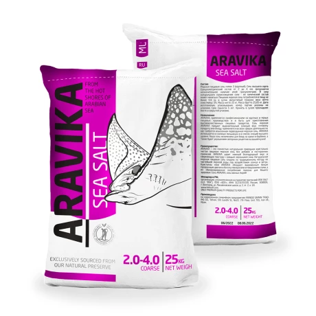 ARAVIKA® Sea Salt, соль пищевая морская, средняя (помол 2: 2,0 мм — 4,0 мм), 25 кг.